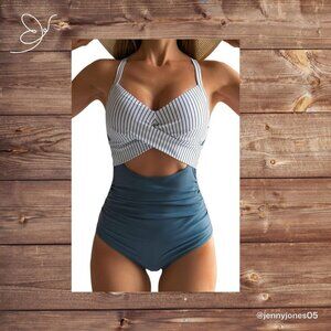 Eomenie Blue & White Cut-out One-Piece Criss-Cross Tie Back Swimsuit-NWT-Size L